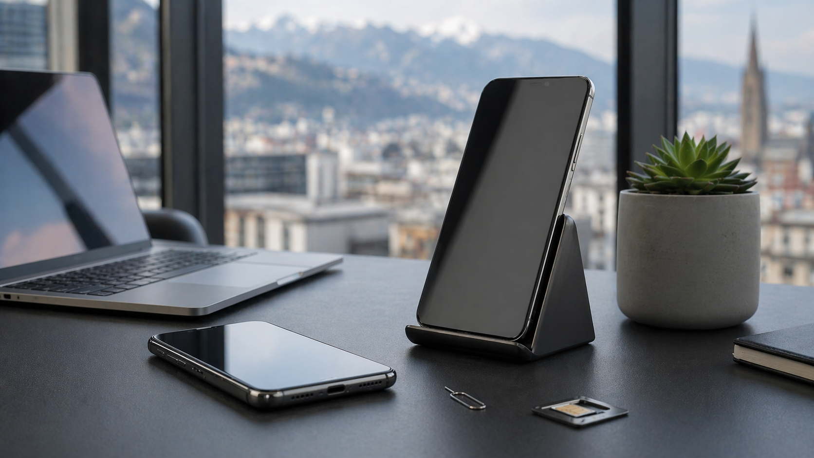 Double smartphone et laptop pour illustrer la flexibilite eSIM en Suisse